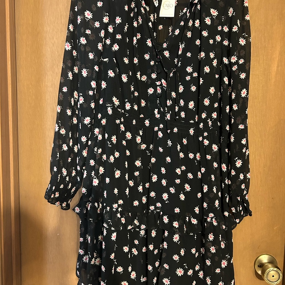 Cato Black Floral sheer with liner Long Sleeve Dress